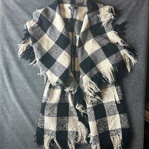 Black and White Checkered Fringe Wrap Vest